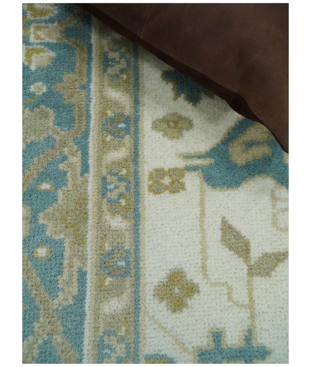 Hand Knotted 6x9 Vintage Persian Oushak Ivory and Blue Wool Area Rug | TRDCP10769 - The Rug Decor