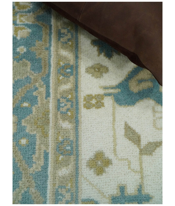 Hand Knotted 6x9 Vintage Persian Oushak Ivory and Blue Wool Area Rug | TRDCP10769 - The Rug Decor