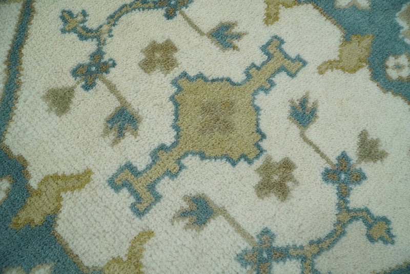 Hand Knotted 6x9 Vintage Persian Oushak Ivory and Blue Wool Area Rug | TRDCP10769 - The Rug Decor