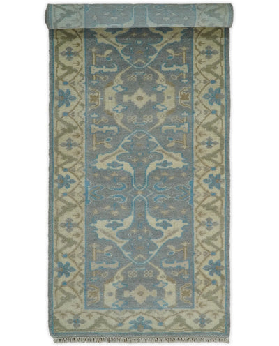 Hand Knotted 8 feet Runner Oriental Oushak Gray and Ivory Wool Area Rug | TRDCP58268 - The Rug Decor
