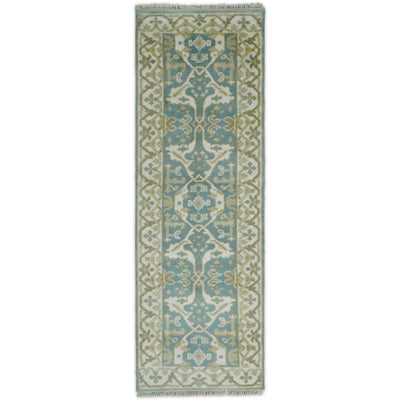 Hand Knotted 8 feet Runner Sea Green and Ivory Wool Area Rug | TRDCP61268 - The Rug Decor