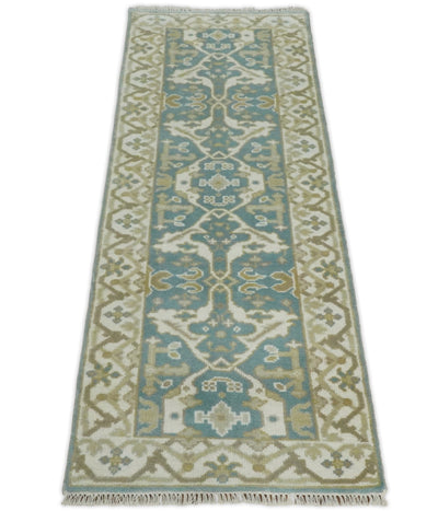 Hand Knotted 8 feet Runner Sea Green and Ivory Wool Area Rug | TRDCP61268 - The Rug Decor
