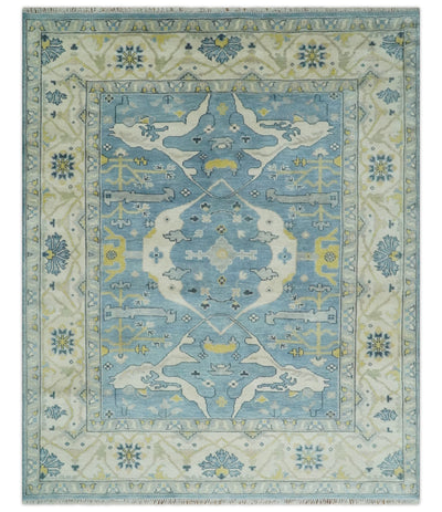 Hand Knotted 8.3x9.6 Oriental Oushak Blue and Ivory Wool Area Rug | TRDCP1100810 - The Rug Decor