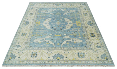Hand Knotted 8.3x9.6 Oriental Oushak Blue and Ivory Wool Area Rug | TRDCP1100810 - The Rug Decor