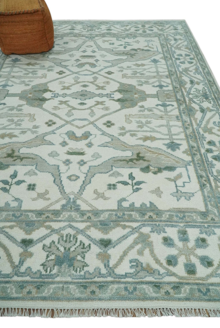Hand Knotted 8x10, 9x12, 10x14 and 12x15 Oriental Oushak Ivory and Blue Wool Area Rug | TRDCP1113 - The Rug Decor