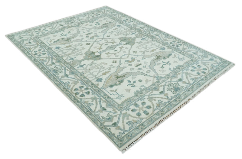 Hand Knotted 8x10, 9x12, 10x14 and 12x15 Oriental Oushak Ivory and Blue Wool Area Rug | TRDCP1113 - The Rug Decor