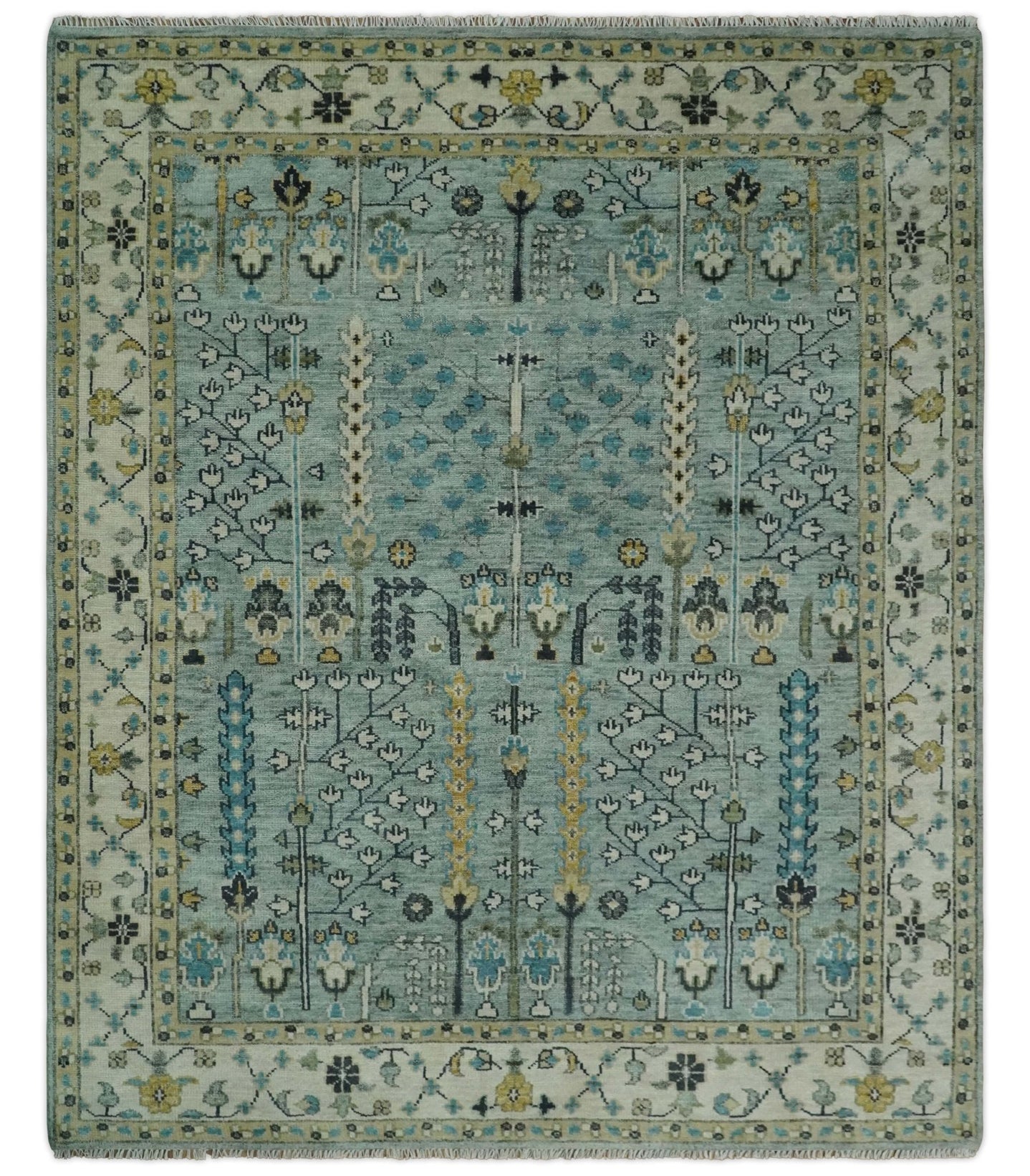 Hand Knotted 8x10, 9x12, 10x14, Wool Traditional Blue and Ivory Vintage Antique Oushak Wool Area Rug | TRDCP563 - The Rug Decor