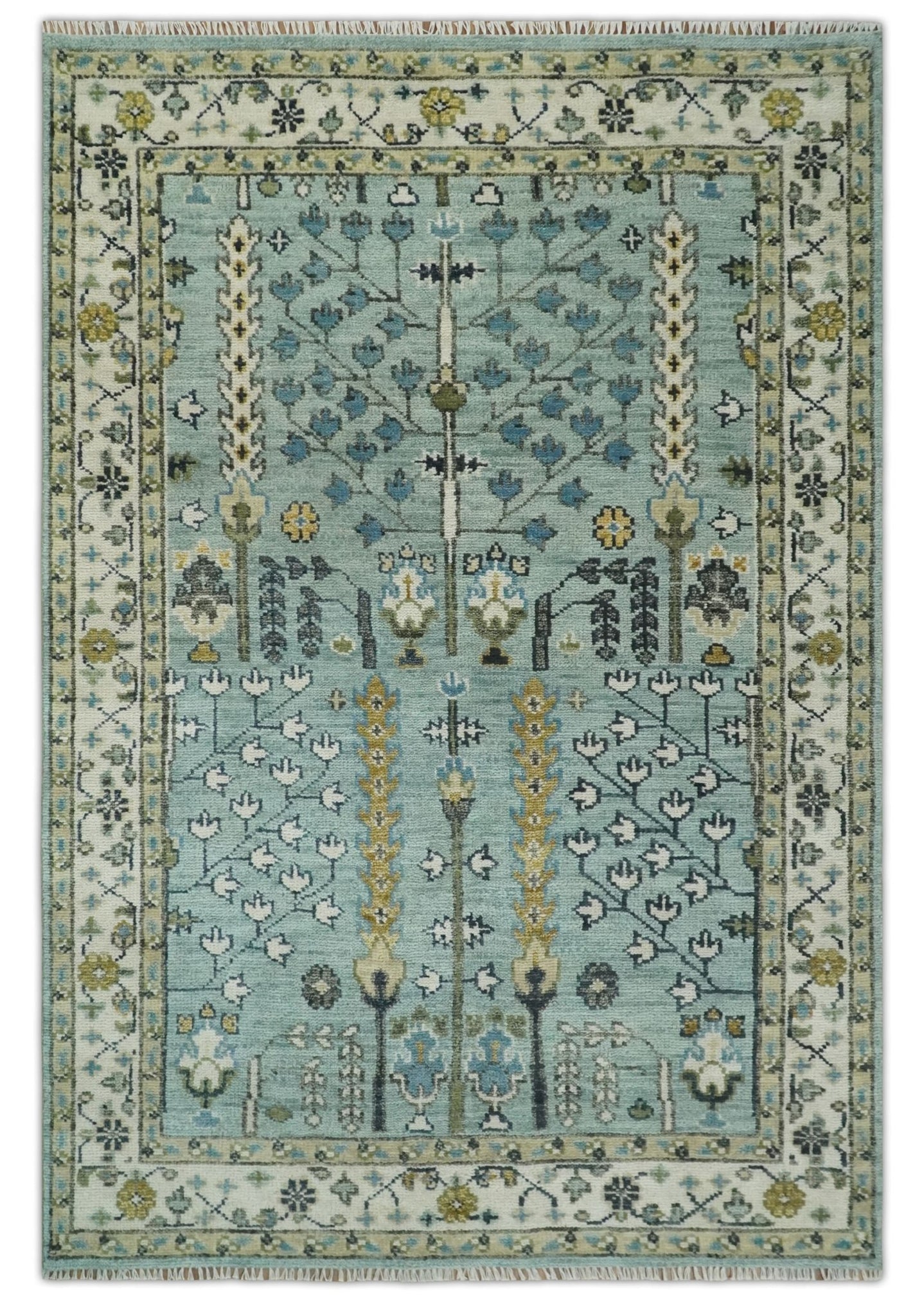 Hand Knotted 8x10, 9x12, 10x14, Wool Traditional Blue and Ivory Vintage Antique Oushak Wool Area Rug | TRDCP563 - The Rug Decor