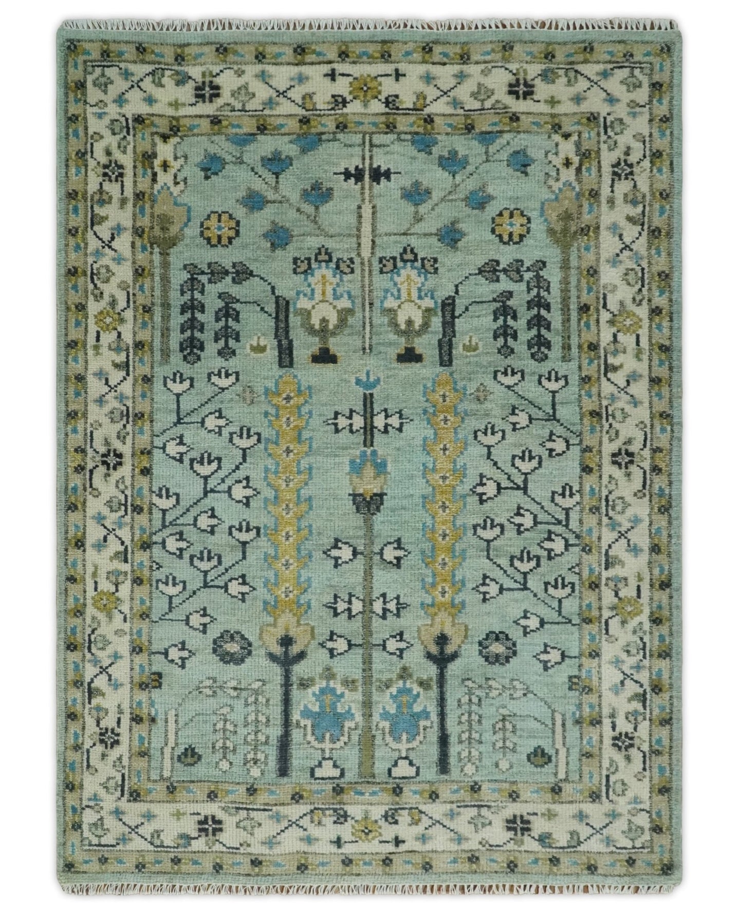 Hand Knotted 8x10, 9x12, 10x14, Wool Traditional Blue and Ivory Vintage Antique Oushak Wool Area Rug | TRDCP563 - The Rug Decor