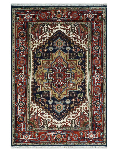 Hand Knotted 8x10, 9x12 and 10x14 Large Blue and Rust Traditional Heriz Serapi Rug | TRDCP75 - The Rug Decor