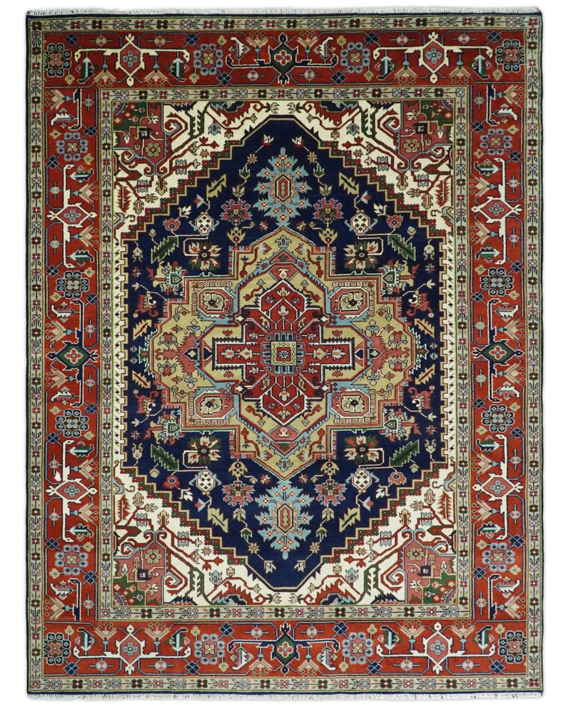 Hand Knotted 8x10, 9x12 and 10x14 Large Blue and Rust Traditional Heriz Serapi Rug | TRDCP75 - The Rug Decor