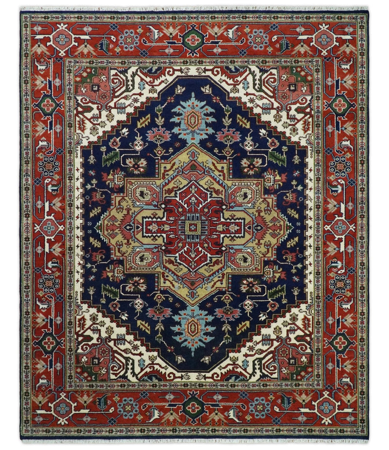 Hand Knotted 8x10 and 10x14 Large Blue and Rust Traditional Heriz Serapi Rug | TRDCP75 - The Rug Decor