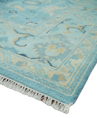 Hand Knotted 8x10 Aqua and Beige Antique Look Oushak Turkish Style Wool Area Rug | TRDCP1109810 - The Rug Decor