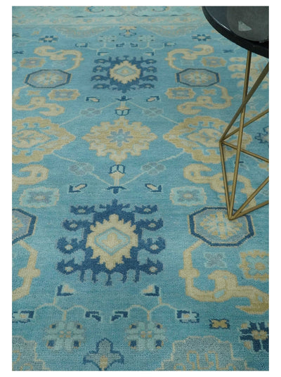 Hand Knotted 8x10 Aqua and Beige Antique Look Oushak Turkish Style Wool Area Rug | TRDCP1109810 - The Rug Decor