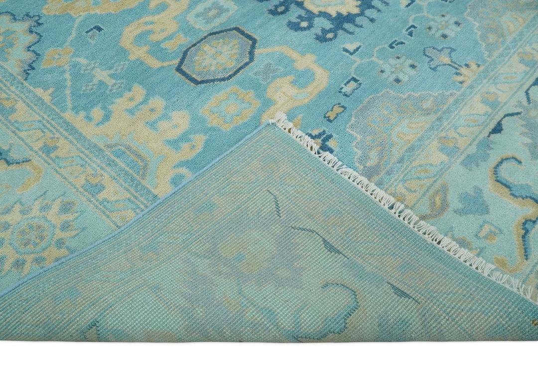 Hand Knotted 8x10 Aqua and Beige Antique Look Oushak Turkish Style Wool Area Rug | TRDCP1109810 - The Rug Decor