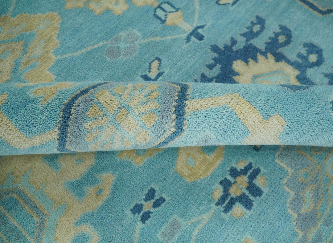 Hand Knotted 8x10 Aqua and Beige Antique Look Oushak Turkish Style Wool Area Rug | TRDCP1109810 - The Rug Decor