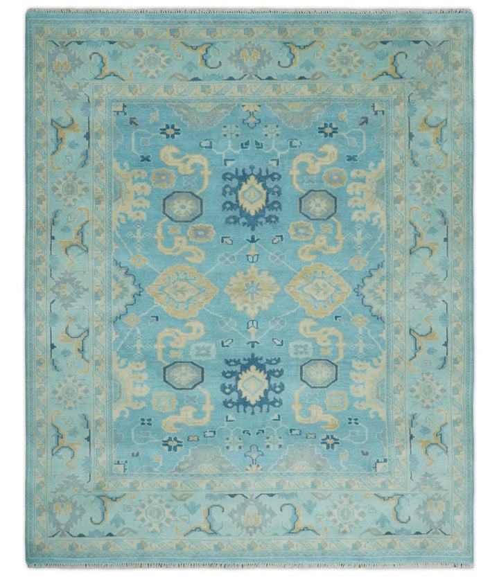 Hand Knotted 8x10 Aqua and Beige Antique Look Oushak Turkish Style Wool Area Rug | TRDCP1109810 - The Rug Decor