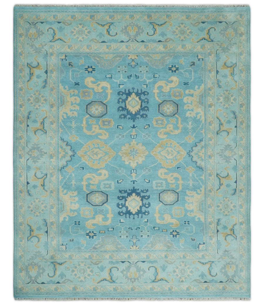 Hand Knotted 8x10 Aqua and Beige Antique Look Oushak Turkish Style Wool Area Rug | TRDCP1109810 - The Rug Decor