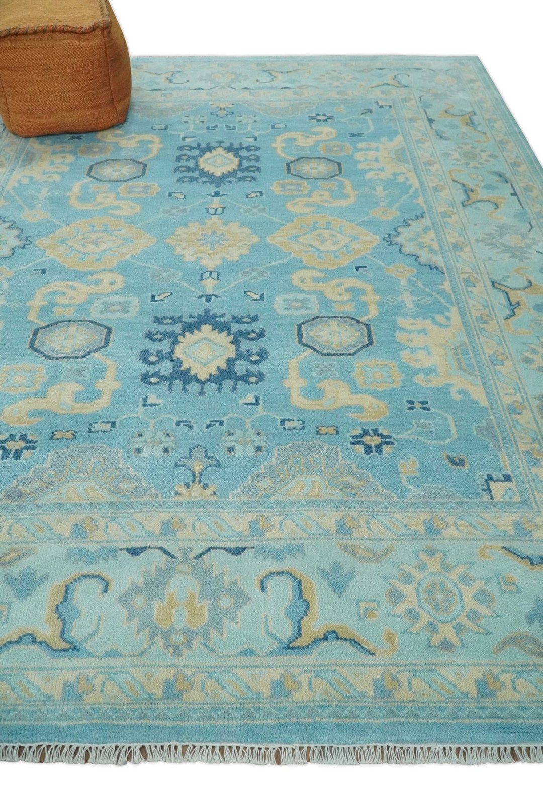 Hand Knotted 8x10 Aqua and Beige Antique Look Oushak Turkish Style Wool Area Rug | TRDCP1109810 - The Rug Decor