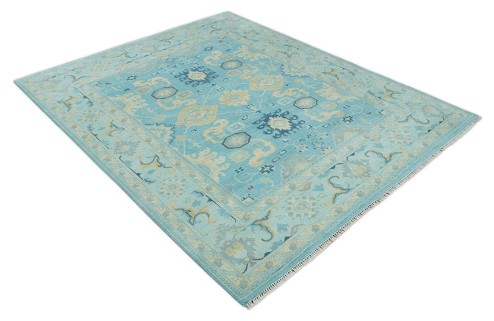 Hand Knotted 8x10 Aqua and Beige Antique Look Oushak Turkish Style Wool Area Rug | TRDCP1109810 - The Rug Decor
