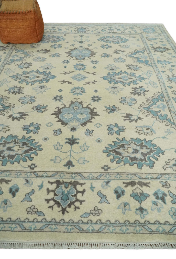 Hand Knotted 8x10 Beige and Blue Antique Oushak Persian Wool Area Rug | TRDCP1147810 - The Rug Decor