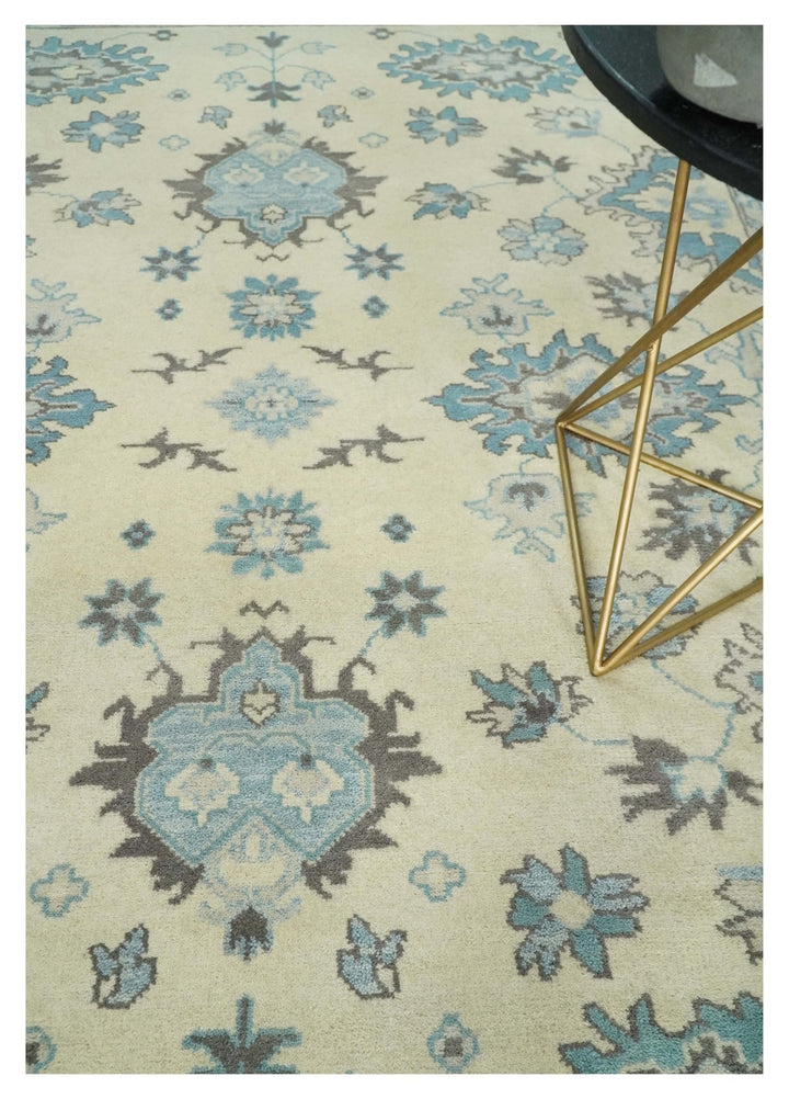 Hand Knotted 8x10 Beige and Blue Antique Oushak Persian Wool Area Rug | TRDCP1147810 - The Rug Decor