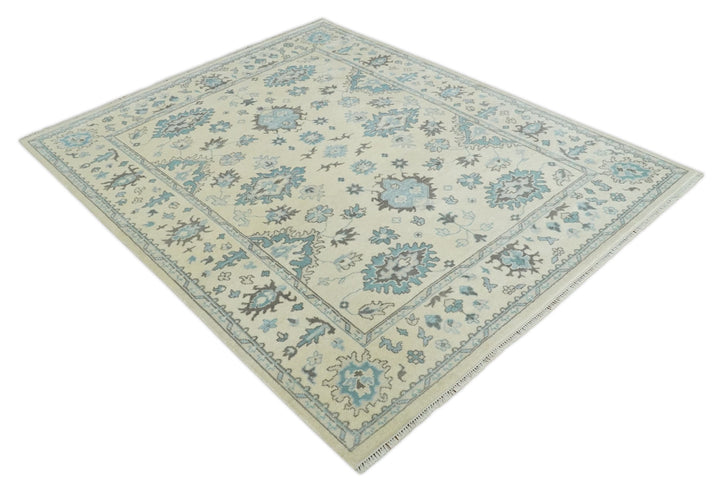 Hand Knotted 8x10 Beige and Blue Antique Oushak Persian Wool Area Rug | TRDCP1147810 - The Rug Decor