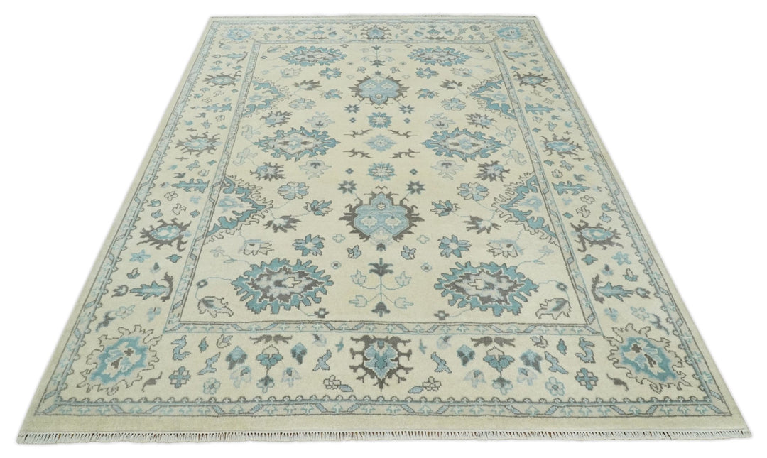 Hand Knotted 8x10 Beige and Blue Antique Oushak Persian Wool Area Rug | TRDCP1147810 - The Rug Decor