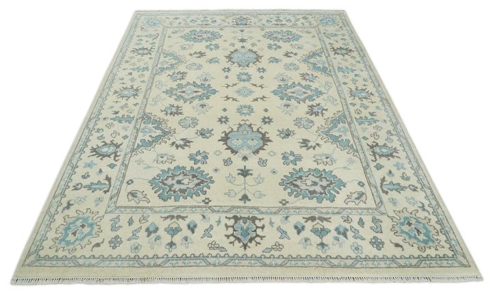 Hand Knotted 8x10 Beige and Blue Antique Oushak Persian Wool Area Rug | TRDCP1147810 - The Rug Decor