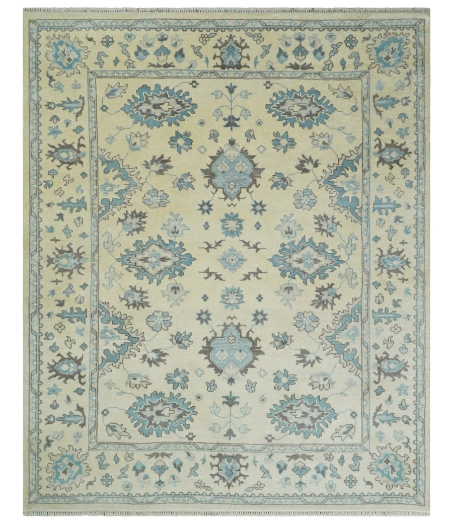 Hand Knotted 8x10 Beige and Blue Antique Oushak Persian Wool Area Rug | TRDCP1147810 - The Rug Decor