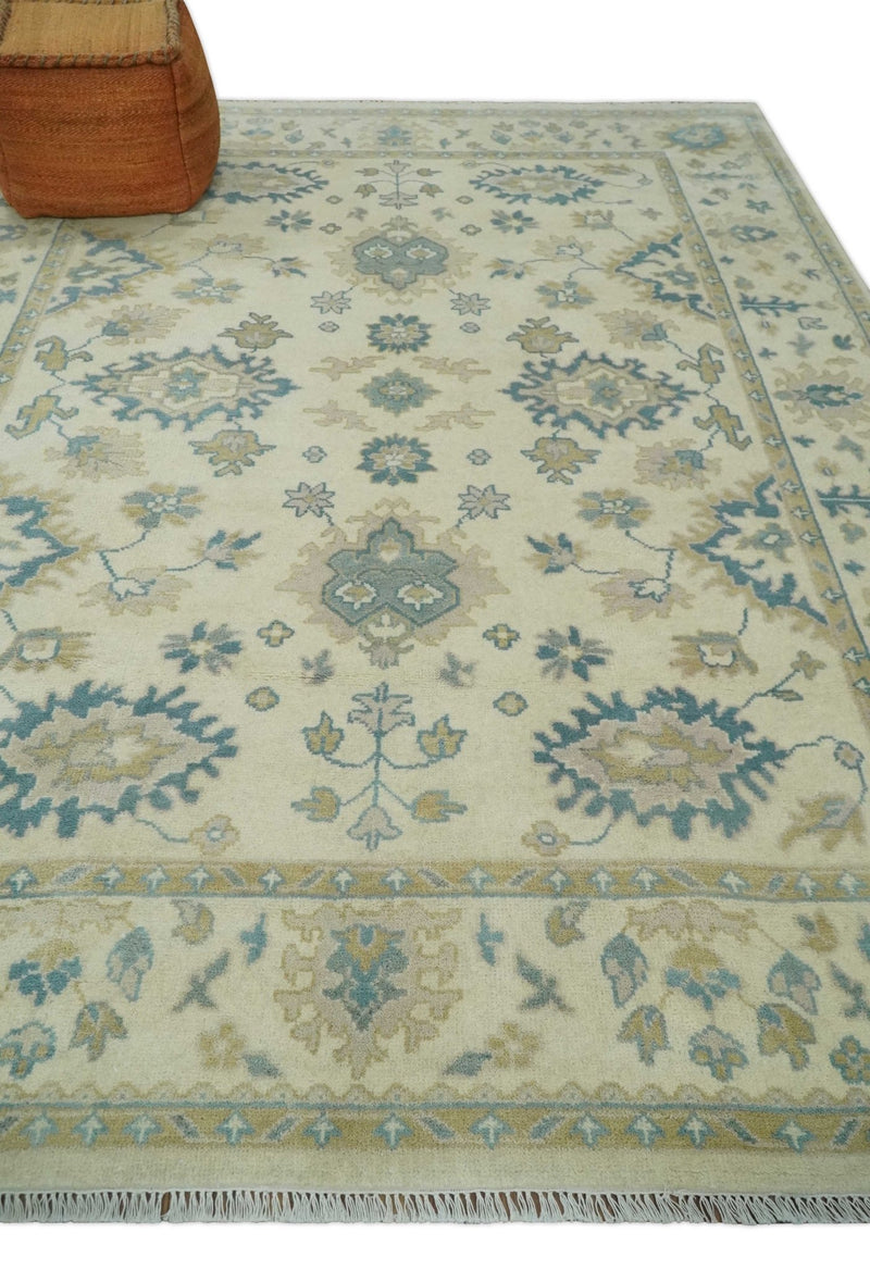 Hand Knotted 8x10 Beige and Gray Antique Oushak Wool Area Rug - The Rug Decor