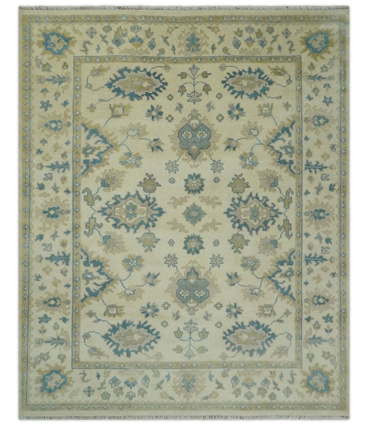 Hand Knotted 8x10 Beige and Gray Antique Oushak Wool Area Rug - The Rug Decor