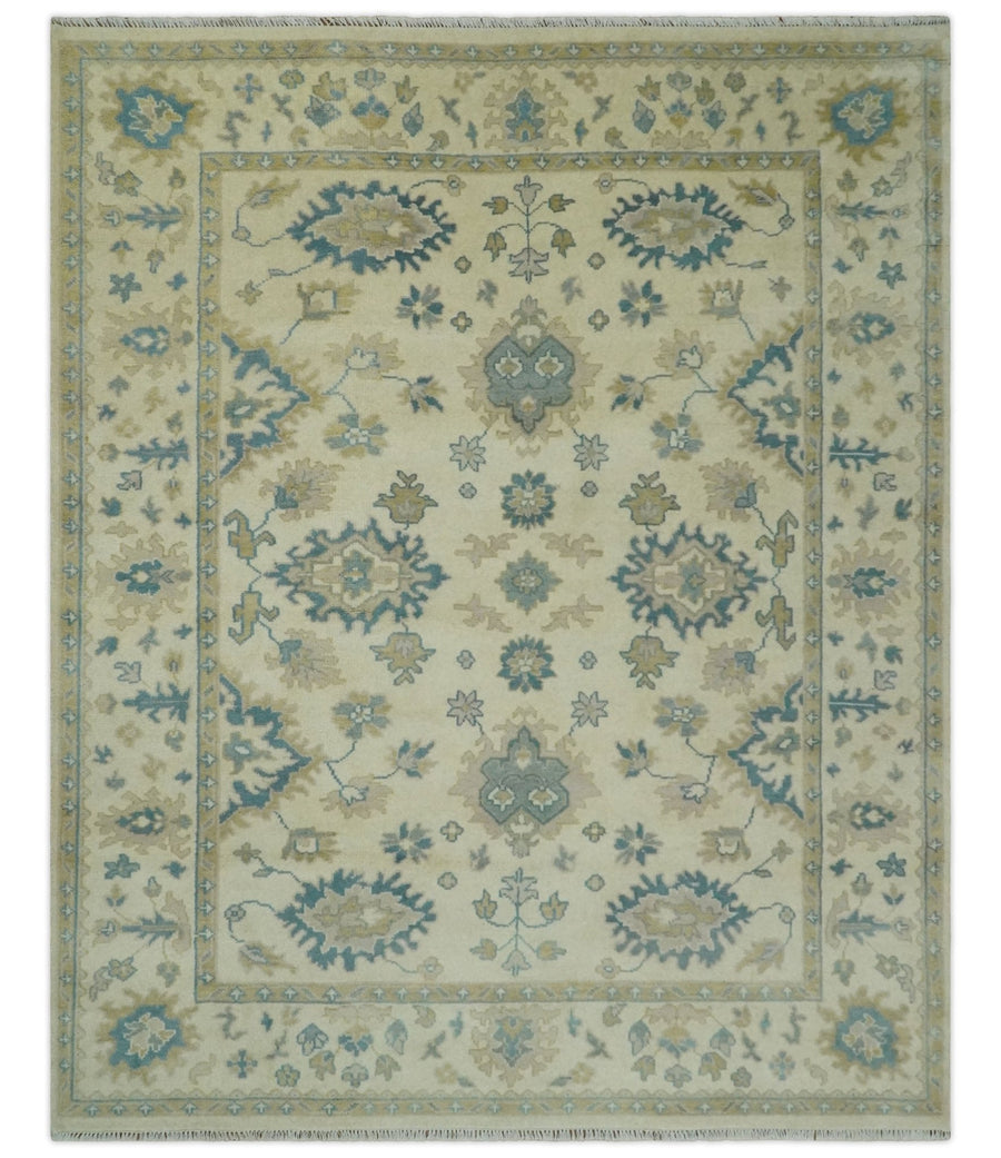 Hand Knotted 8x10 Beige and Gray Antique Oushak Wool Area Rug - The Rug Decor