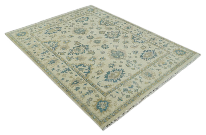 Hand Knotted 8x10 Beige and Gray Antique Oushak Wool Area Rug - The Rug Decor