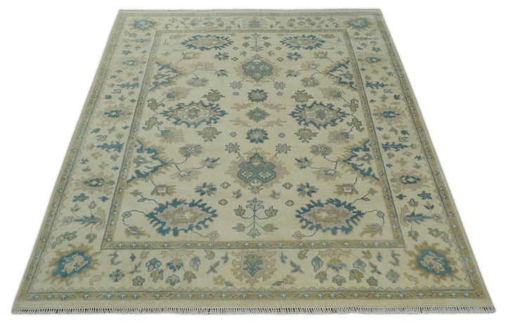 Hand Knotted 8x10 Beige and Gray Antique Oushak Wool Area Rug - The Rug Decor