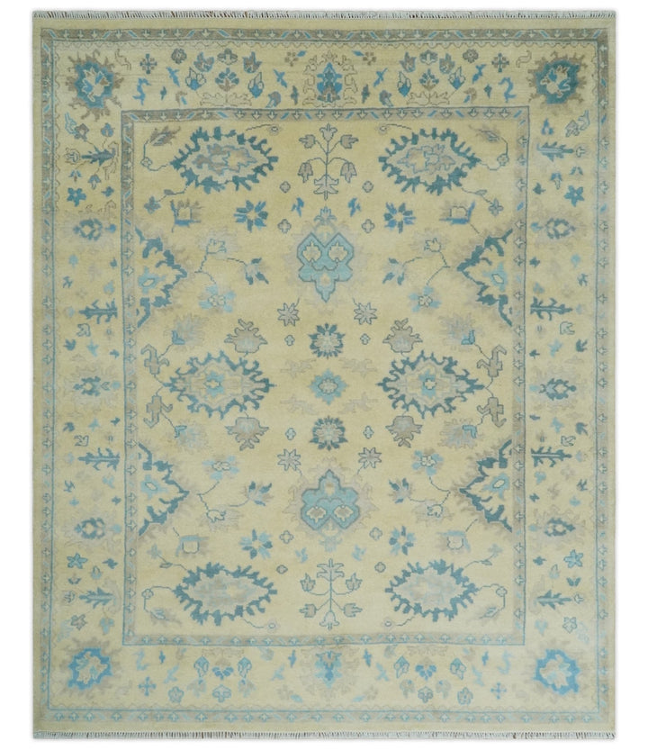 Hand Knotted 8x10 Beige and Teal Antique Oushak Persian Wool Area Rug | TRDCP1183810 - The Rug Decor