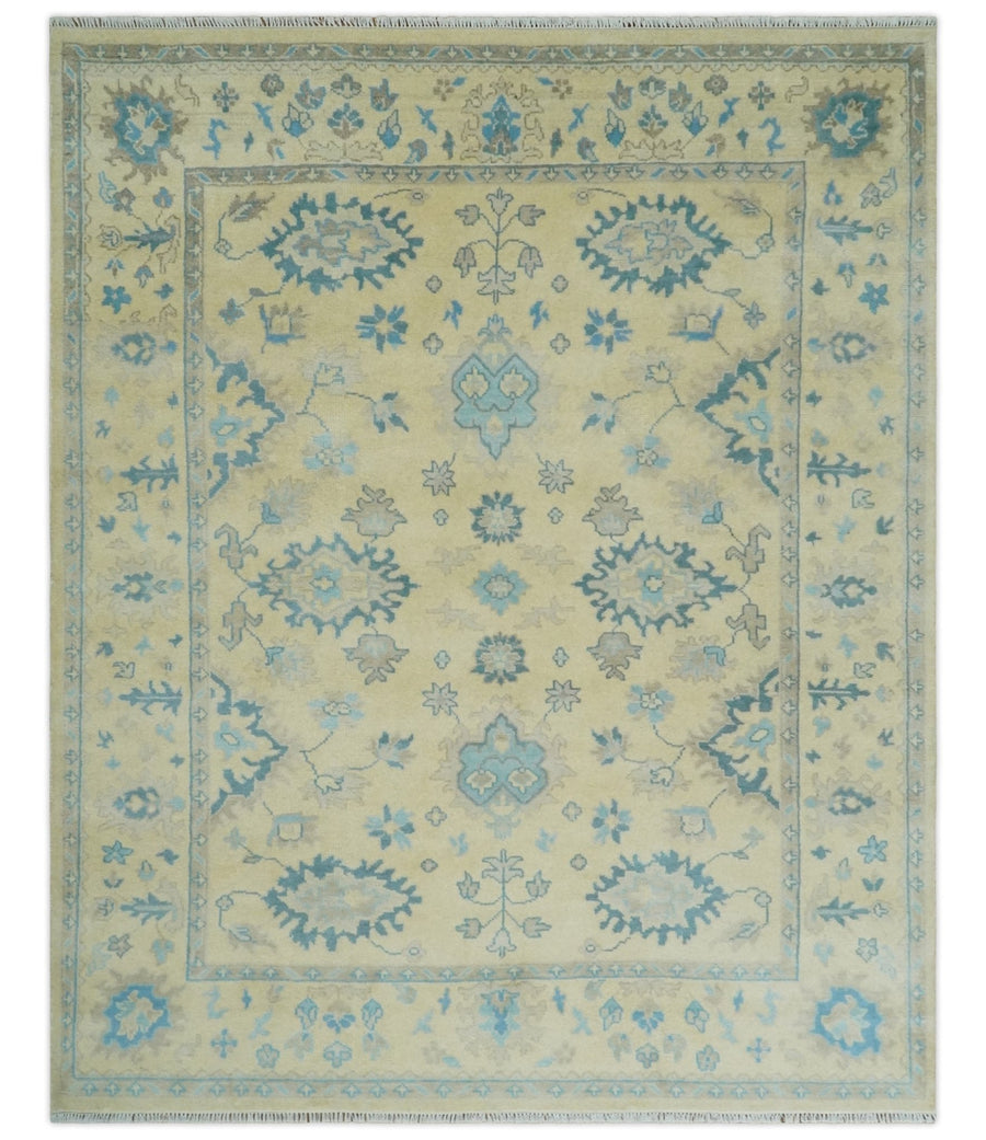 Hand Knotted 8x10 Beige and Teal Antique Oushak Persian Wool Area Rug | TRDCP1183810 - The Rug Decor