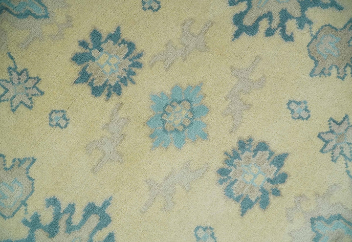Hand Knotted 8x10 Beige and Teal Antique Oushak Persian Wool Area Rug | TRDCP1183810 - The Rug Decor