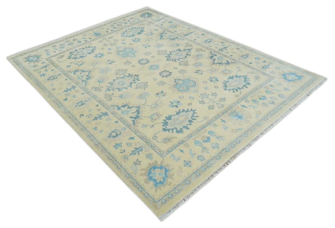 Hand Knotted 8x10 Beige and Teal Antique Oushak Persian Wool Area Rug | TRDCP1183810 - The Rug Decor