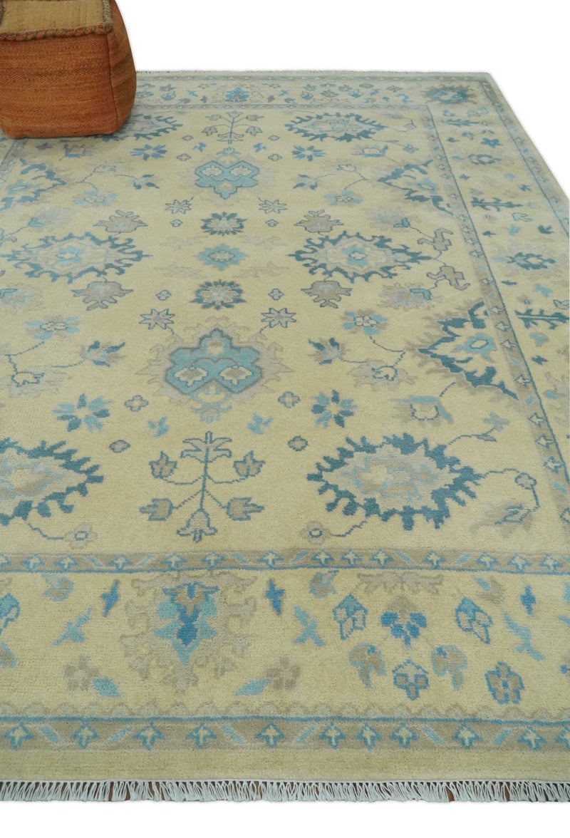 Hand Knotted 8x10 Beige and Teal Antique Oushak Persian Wool Area Rug | TRDCP1183810 - The Rug Decor