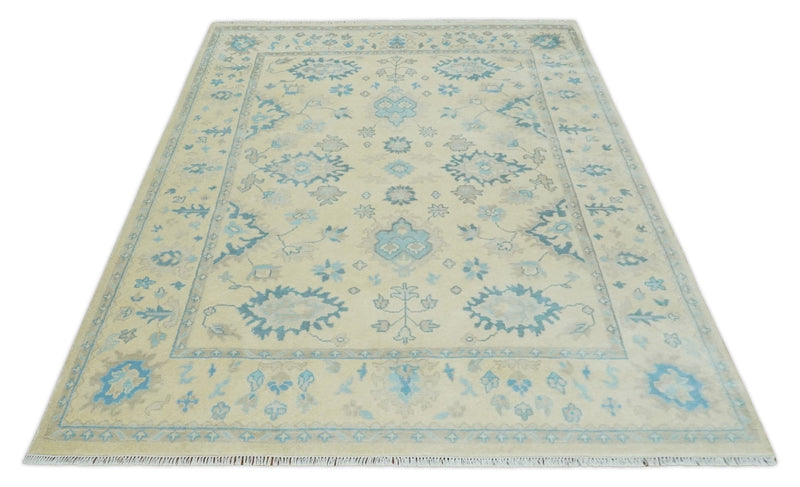 Hand Knotted 8x10 Beige and Teal Antique Oushak Persian Wool Area Rug | TRDCP1183810 - The Rug Decor