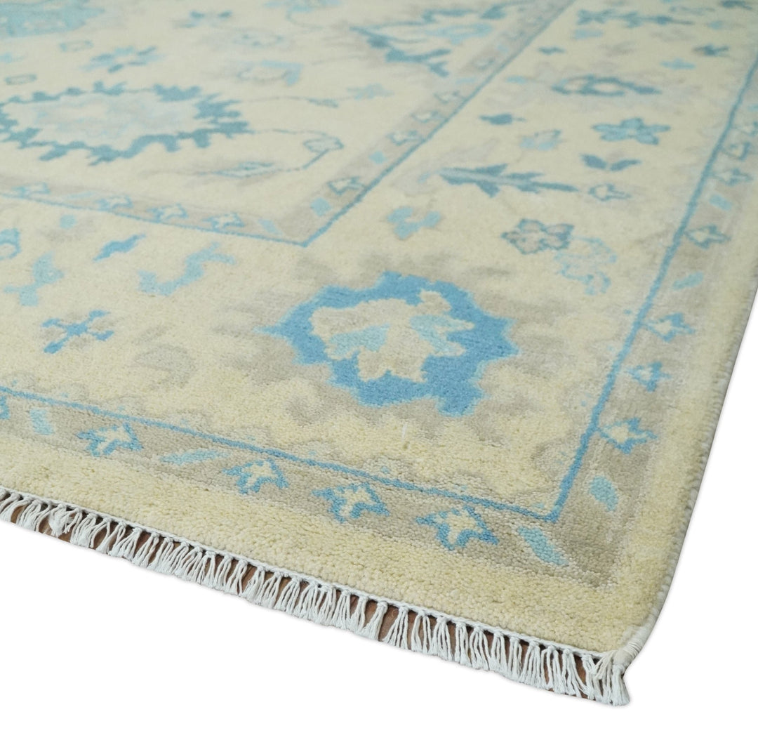 Hand Knotted 8x10 Beige and Teal Antique Oushak Persian Wool Area Rug | TRDCP1183810 - The Rug Decor