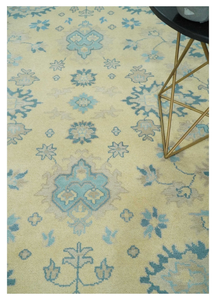 Hand Knotted 8x10 Beige and Teal Antique Oushak Persian Wool Area Rug | TRDCP1183810 - The Rug Decor