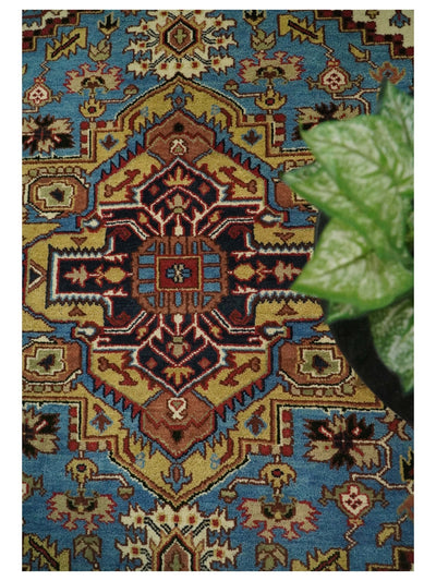 Hand Knotted 8x10 Blue and Beige Traditional Vintage Persian Heriz Serapi Rug | TRDCP591810 - The Rug Decor