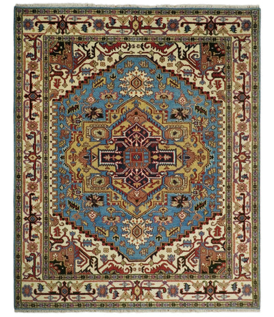 Hand Knotted 8x10 Blue and Beige Traditional Vintage Persian Heriz Serapi Rug | TRDCP591810 - The Rug Decor
