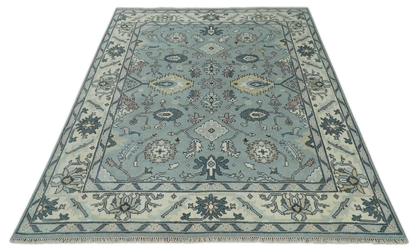 Hand Knotted 8x10 Blue and Ivory Traditional Oushak Persian Wool Area Rug | TRDCP1151810 - The Rug Decor