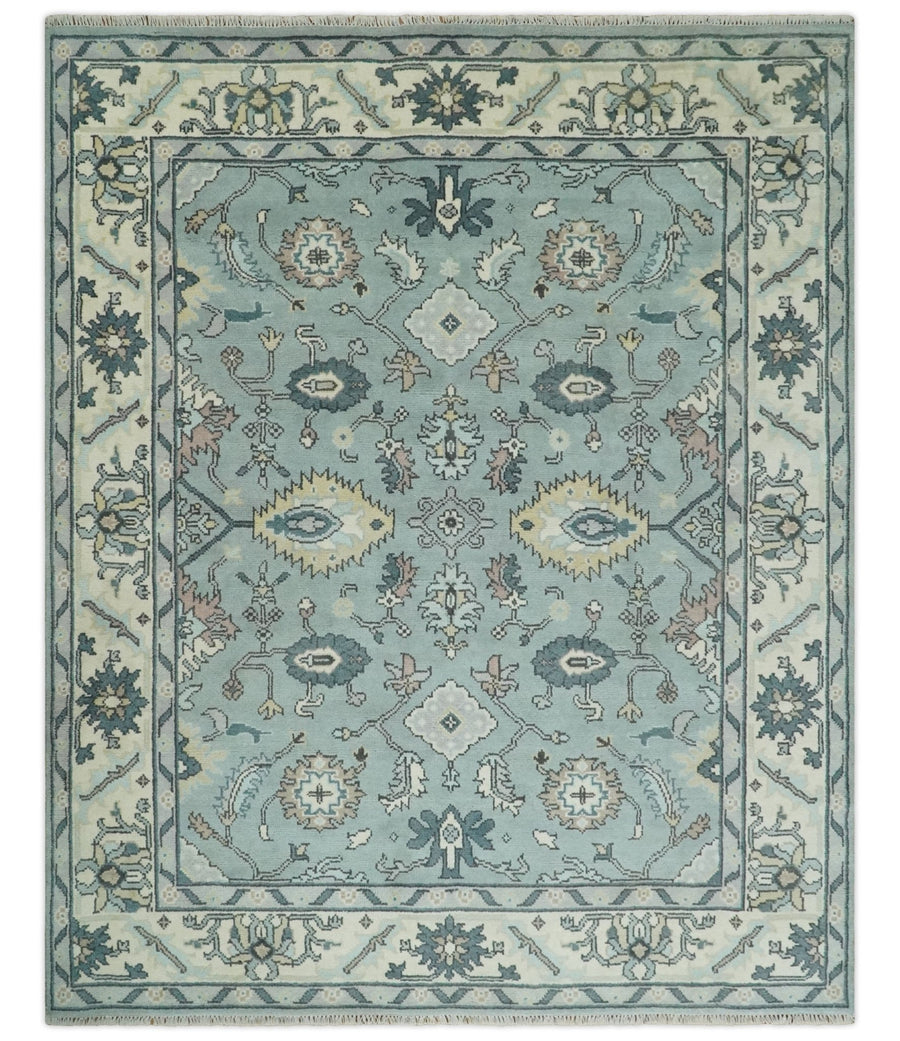 Hand Knotted 8x10 Blue and Ivory Traditional Oushak Persian Wool Area Rug | TRDCP1151810 - The Rug Decor