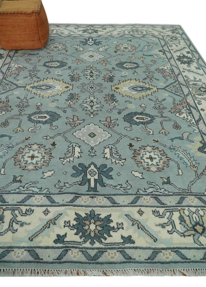 Hand Knotted 8x10 Blue and Ivory Traditional Oushak Persian Wool Area Rug | TRDCP1151810 - The Rug Decor