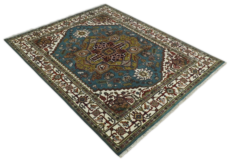 Hand Knotted 8x10 Blue and Ivory Traditional Vintage Persian Heriz Serapi Rug | TRDCP586810 - The Rug Decor