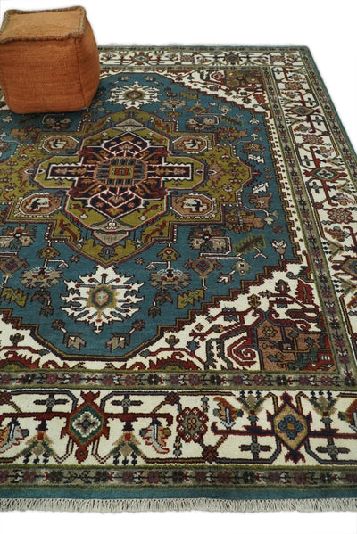 Hand Knotted 8x10 Blue and Ivory Traditional Vintage Persian Heriz Serapi Rug | TRDCP586810 - The Rug Decor